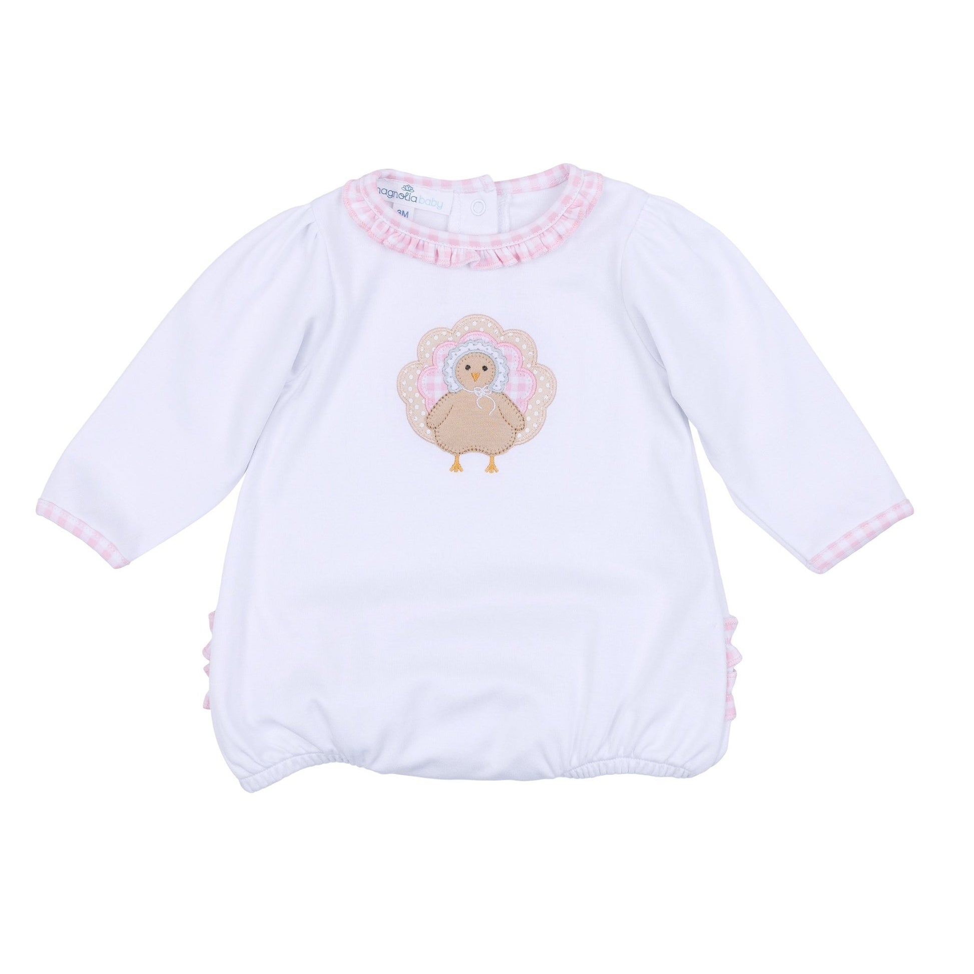 Pilgrim Pals Applique Ruffle Long Sleeve Bubble - Pink - Magnolia BabyBubble
