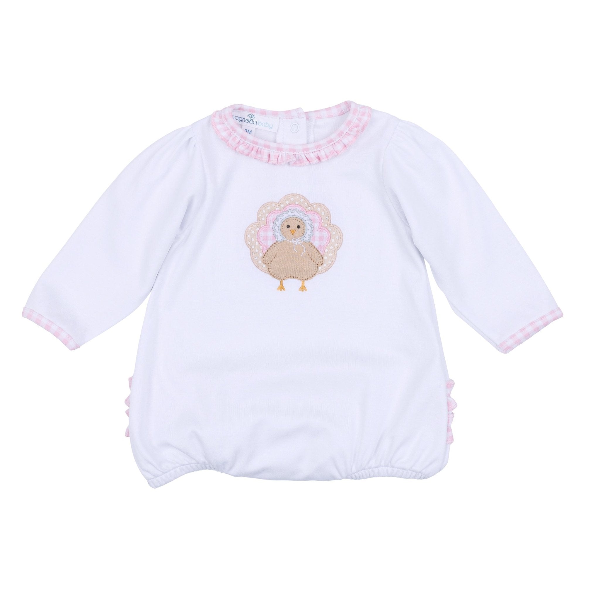 Pilgrim Pals Applique Ruffle Long Sleeve Bubble - Pink - Magnolia BabyBubble