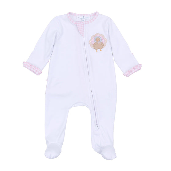 Pilgrim Pals Applique Ruffle Zip Footie - Pink - Magnolia BabyFootie