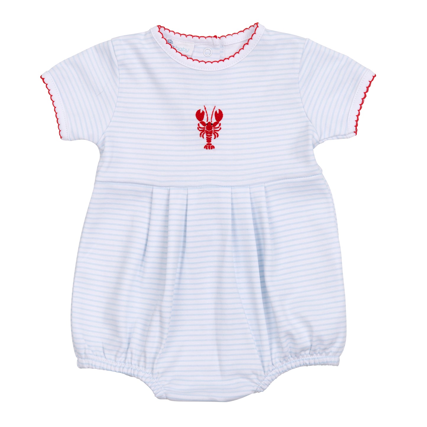 Pima hand embroidered lobster bubble on blue stripe by magnolia baby