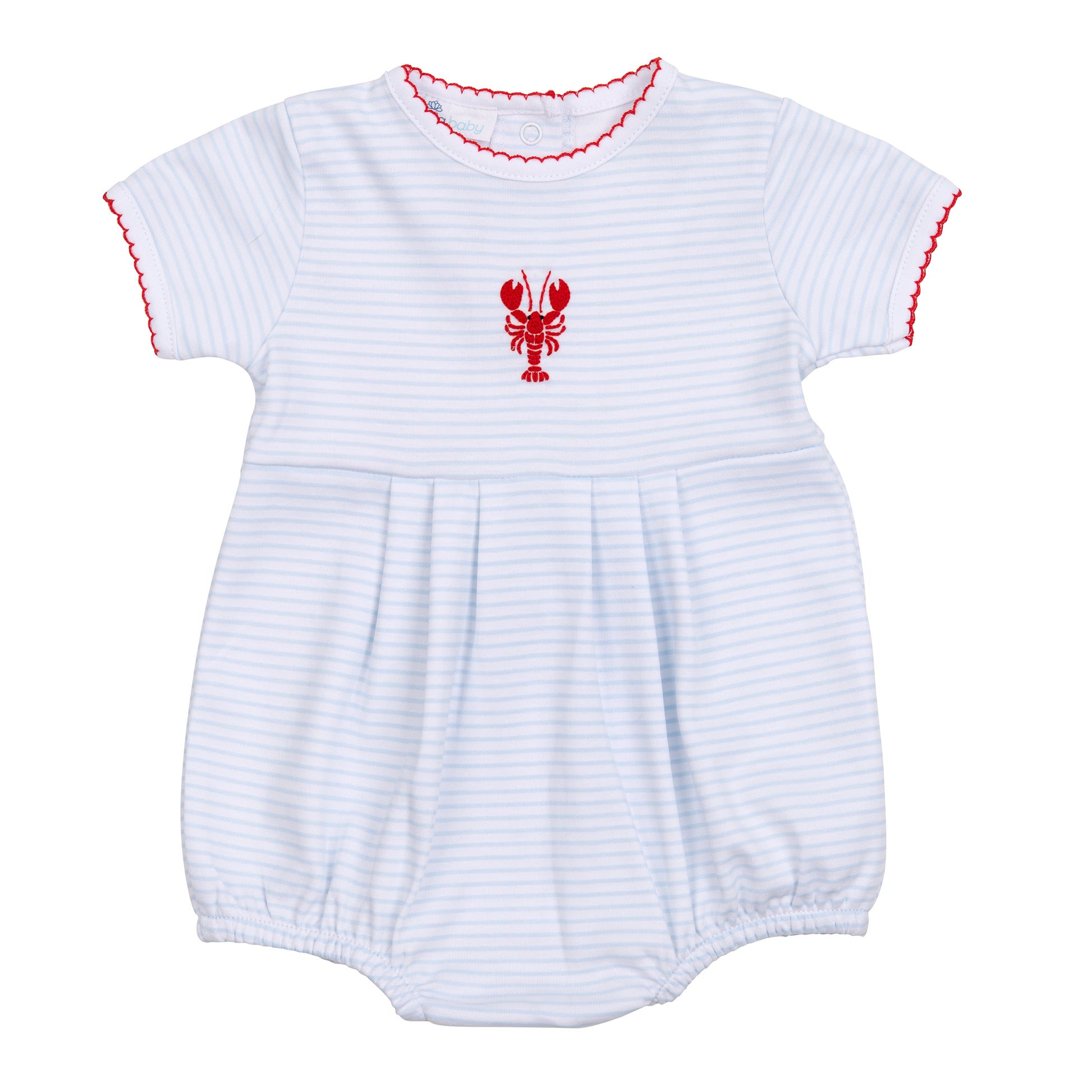 Pima hand embroidered lobster bubble on blue stripe by magnolia baby