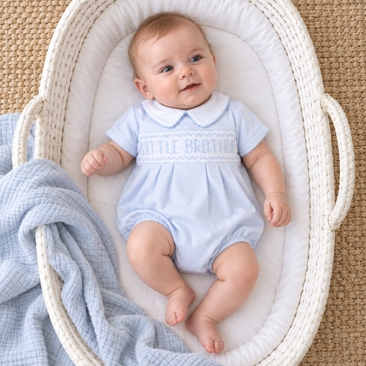 Little Brother Smocked Hand-Embroidered Short Sleeve Bubble