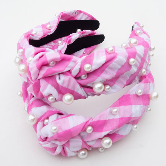 Pink Gingham Pearl Headband - Magnolia BabyHeadband