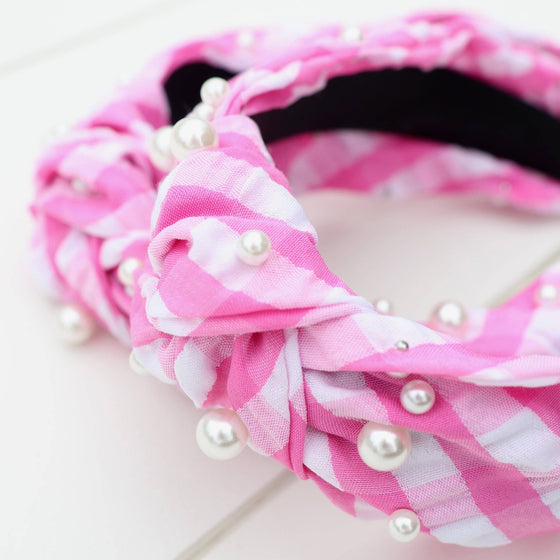 Pink Gingham Pearl Headband - Magnolia BabyHeadband