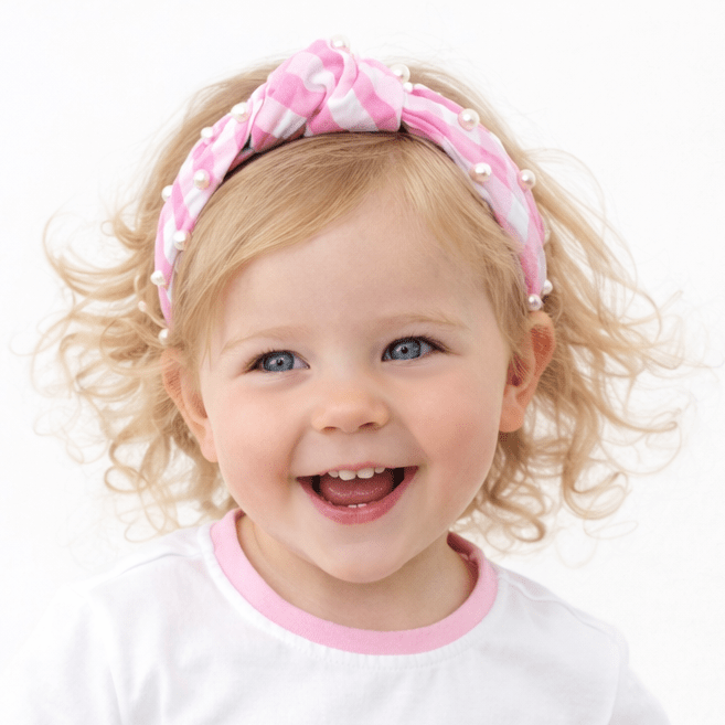 Pink Gingham Pearl Headband - Magnolia BabyHeadband