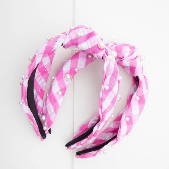 Pink Gingham Pearl Headband - Magnolia BabyHeadband