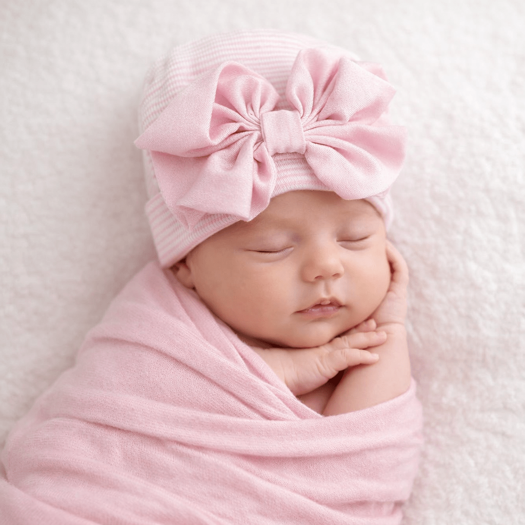 Pink Striped Newborn Hat with Pink Bow - Magnolia BabyHat