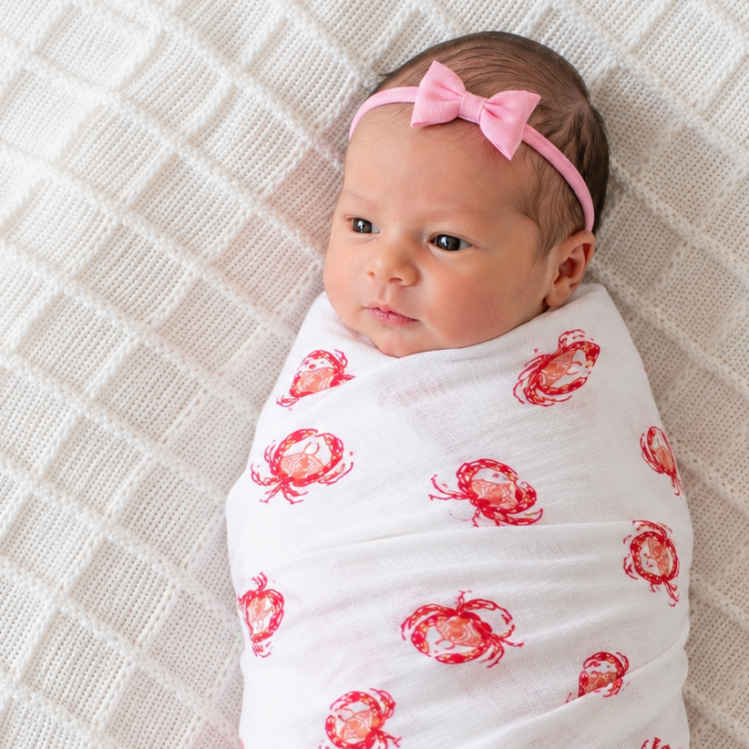 Baby Girl Swaddle Set - Pink Crab - Pink Headband