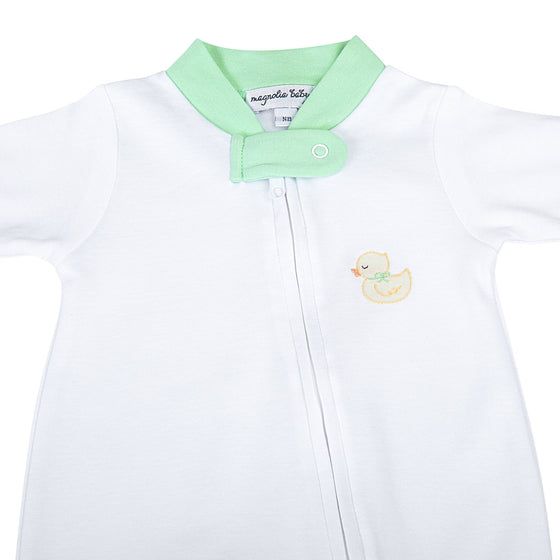 Precious Ducklings Embroidered Zip Footie - Celery - Magnolia BabyFootie