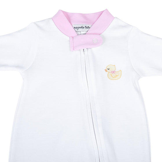 Precious Ducklings Embroidered Zip Footie - Pink - Magnolia BabyFootie