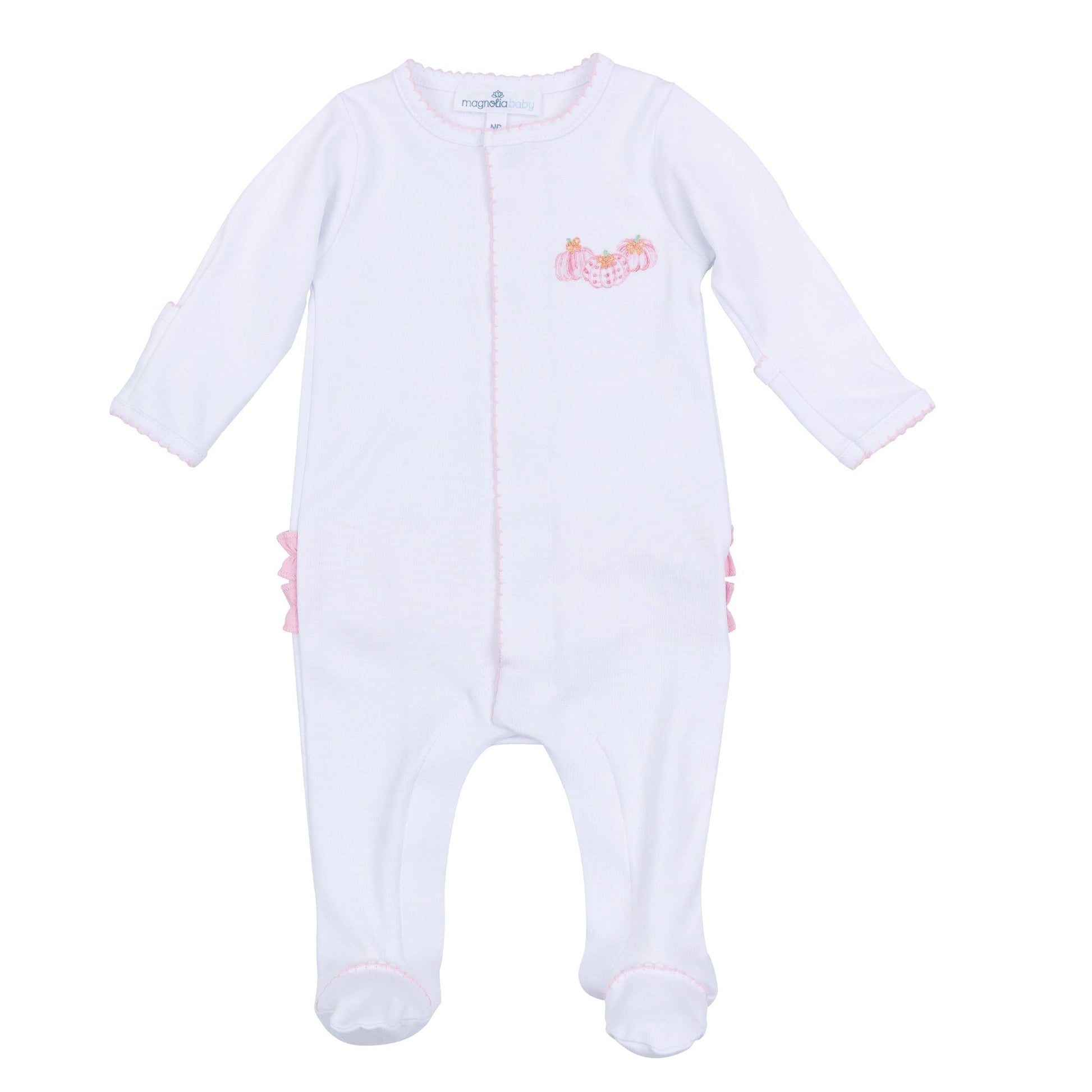 Precious Pumpkins Embroidered Ruffle Footie - Pink - Magnolia BabyFootie