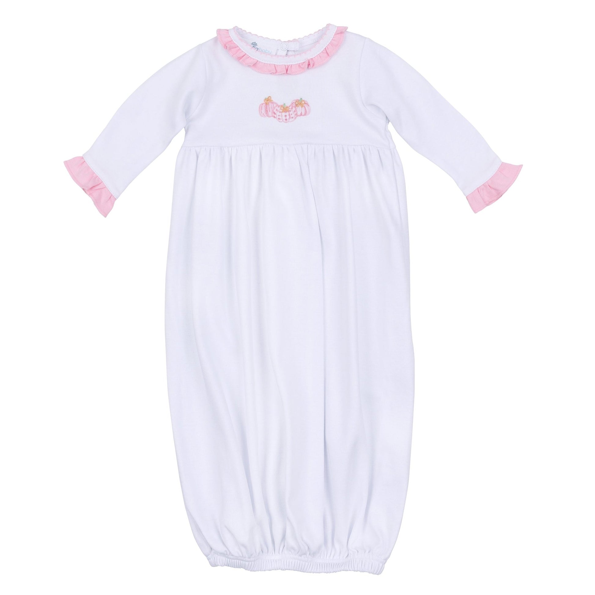 Precious Pumpkins Embroidered Ruffle Gathered Gown - Pink - Magnolia BabyGown