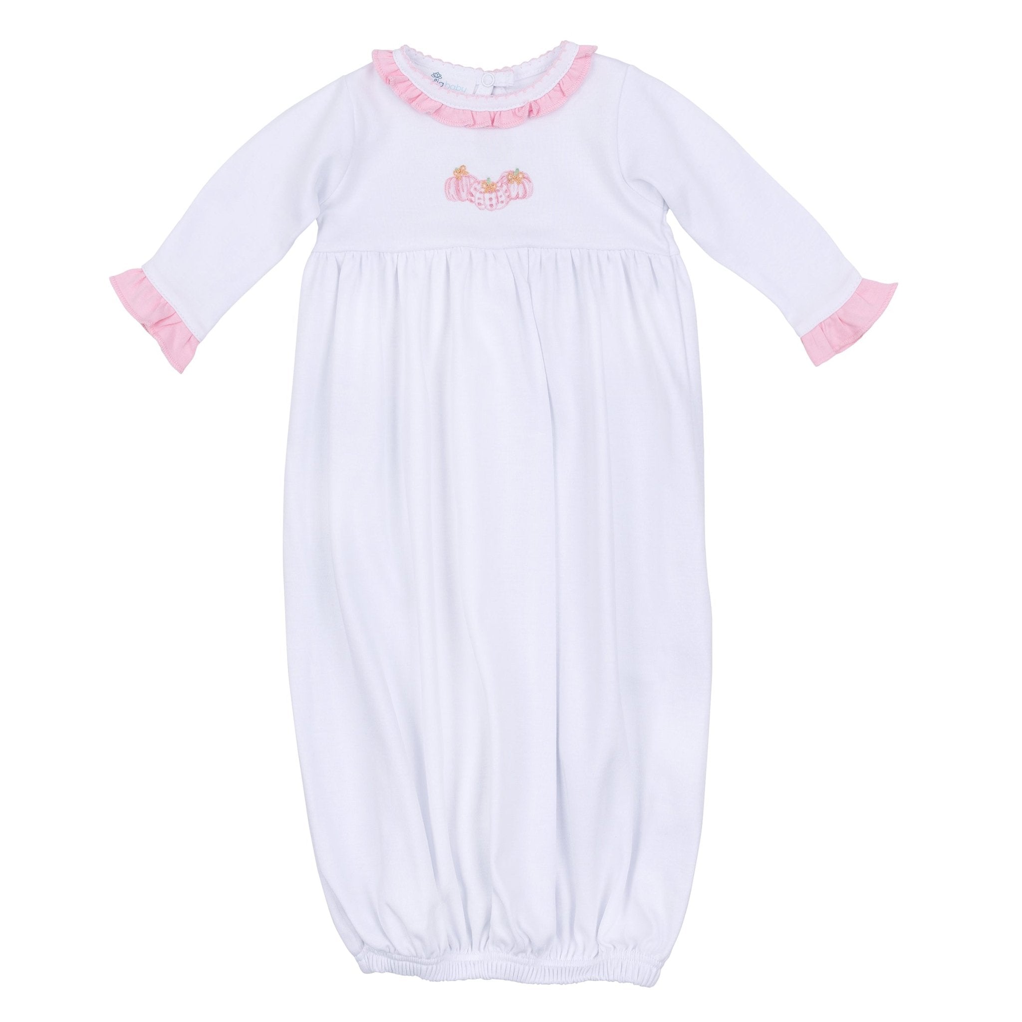 Precious Pumpkins Embroidered Ruffle Gathered Gown - Pink - Magnolia BabyGown