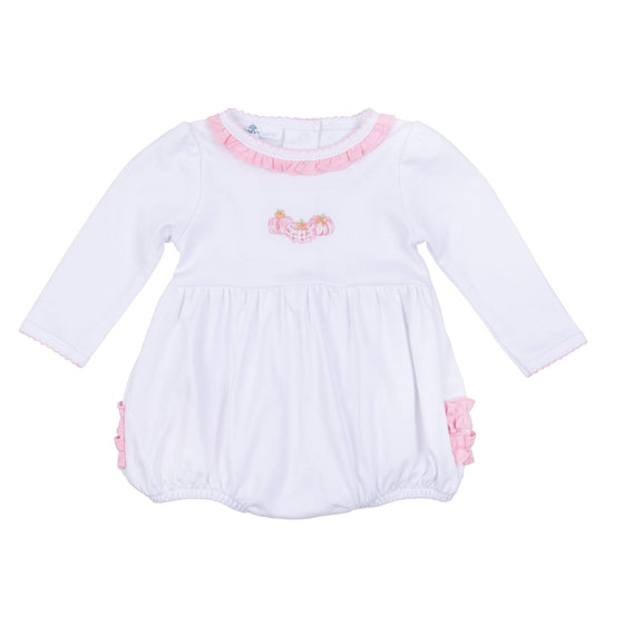 Precious Pumpkins Embroidered Ruffle Long Sleeve Bubble - Pink - Magnolia BabyBubble