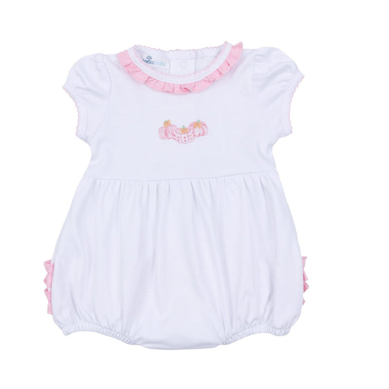 Precious Pumpkins Embroidered Ruffle Short Sleeve Bubble - Pink - Magnolia BabyBubble