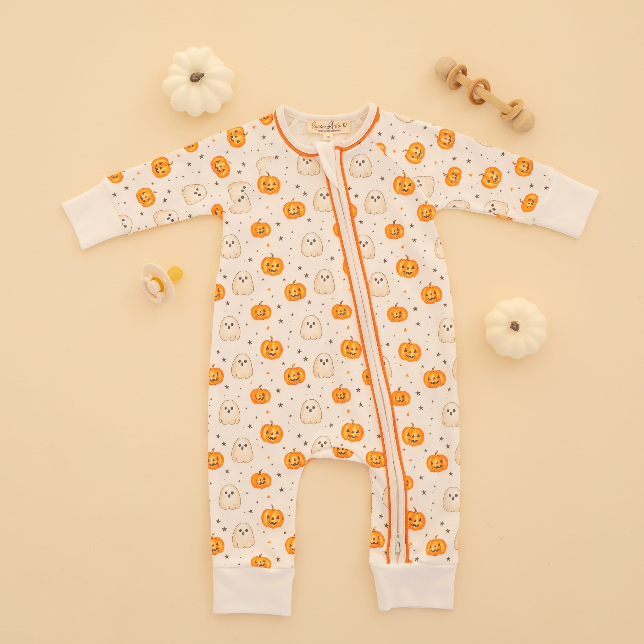 Luna and Arlo_Pumpkin and Boo Zip Playsuit_1