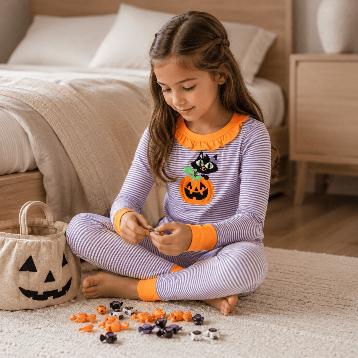 Pumpkin Kitty Applique Ruffle Long Pajamas - Magnolia BabyLong Pajamas