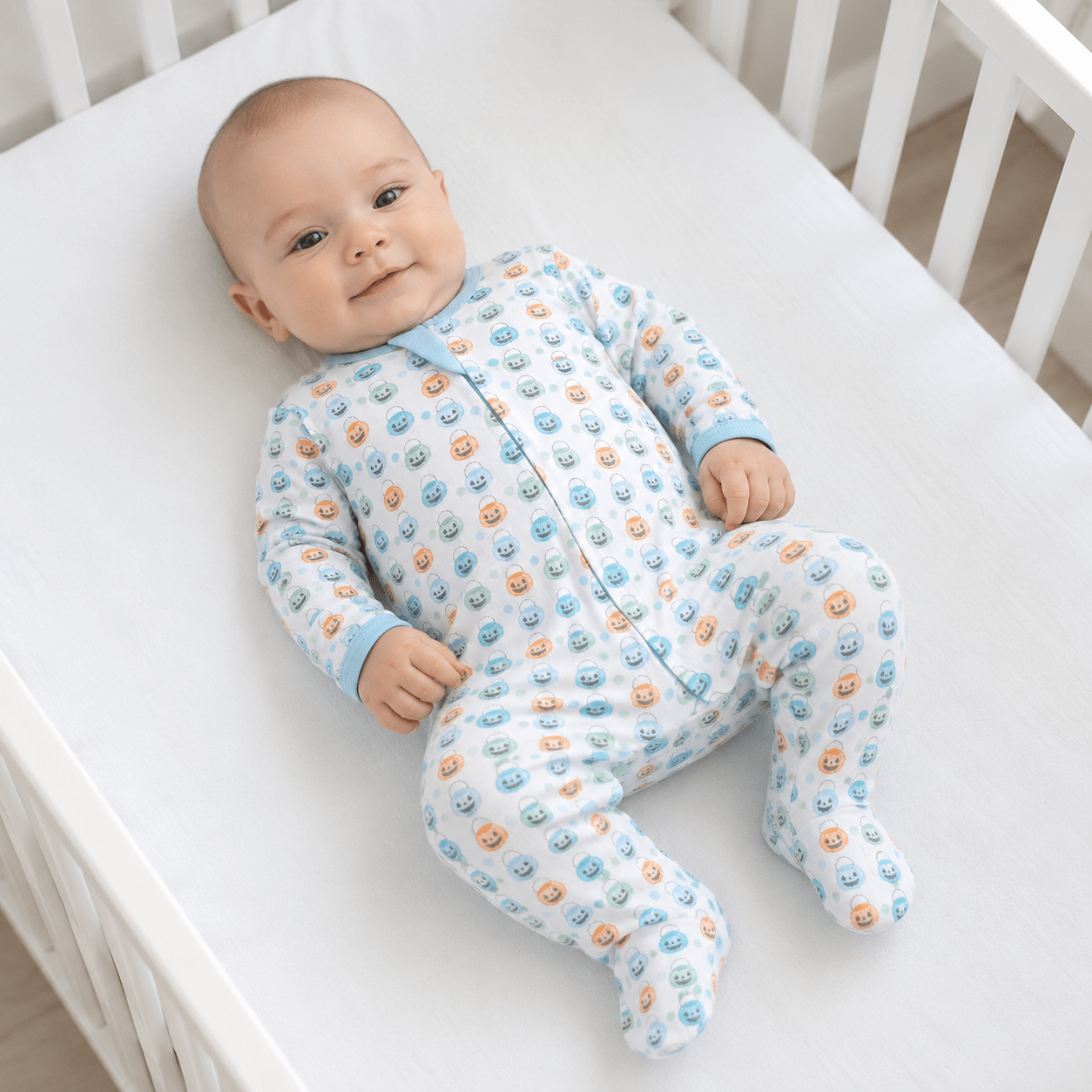 Magnolia Baby_Pumpkin Party Print Zip Footie - Light Blue_1