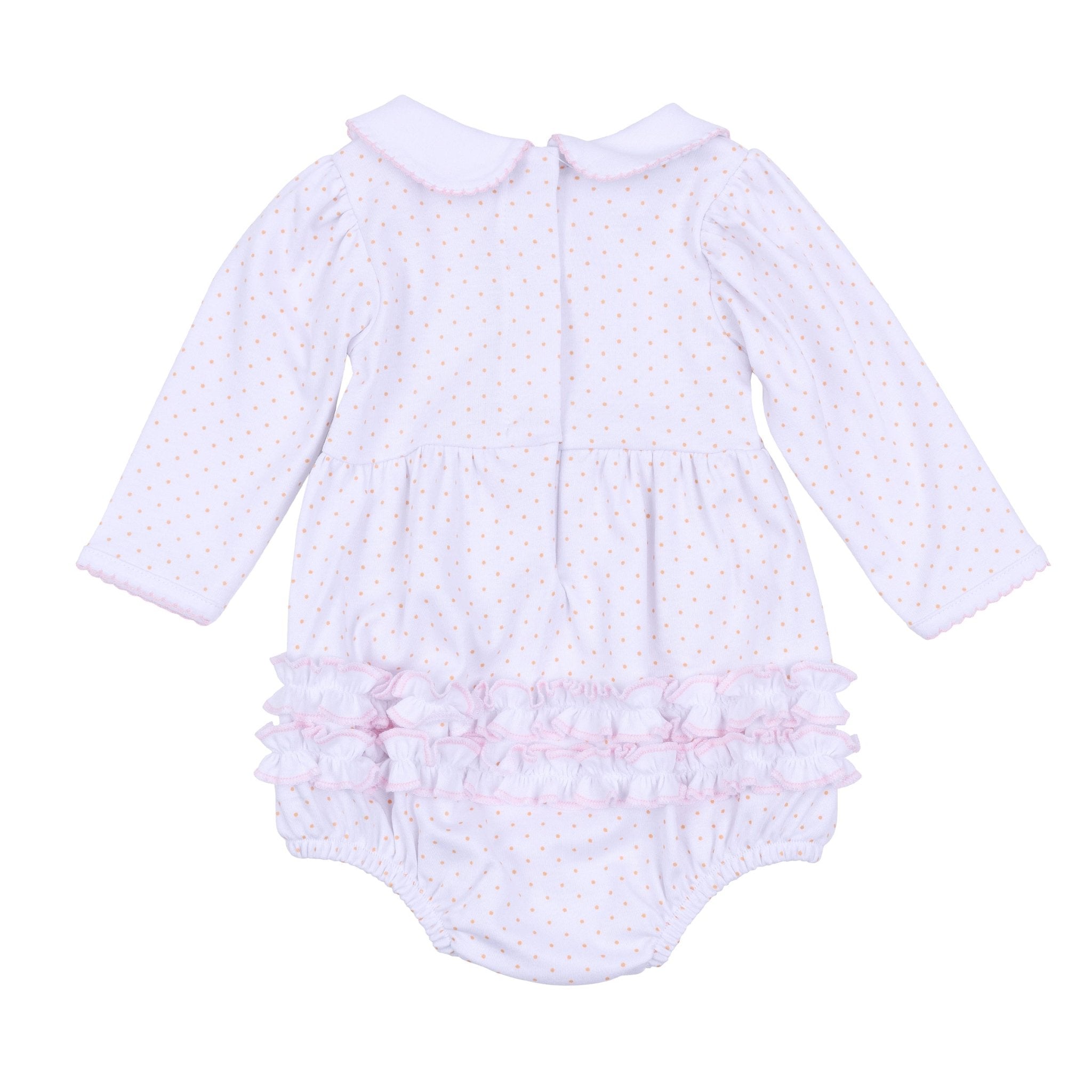 Pumpkin Patch Fun Embroidered Collared Ruffle Long Sleeve Bubble - Pink - Magnolia BabyBubble
