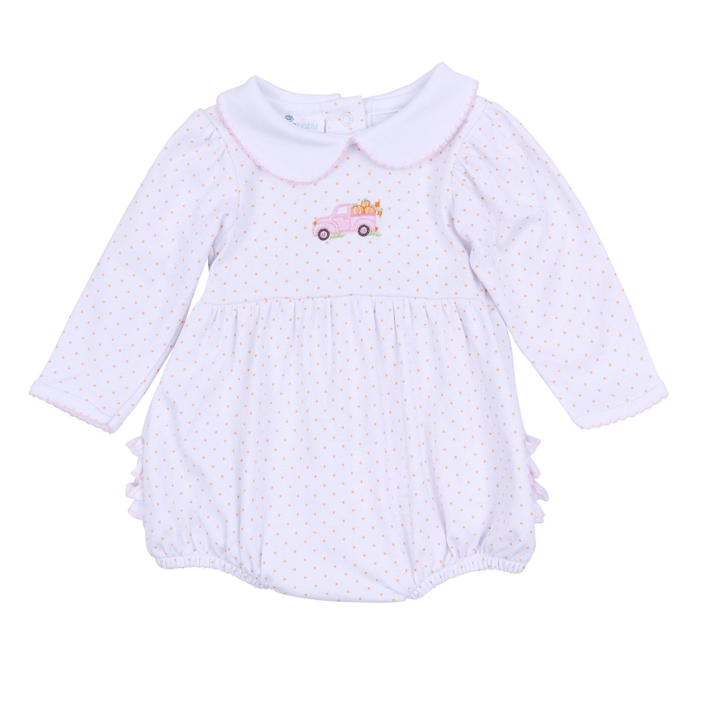 Pumpkin Patch Fun Embroidered Collared Ruffle Long Sleeve Bubble - Pink - Magnolia BabyBubble