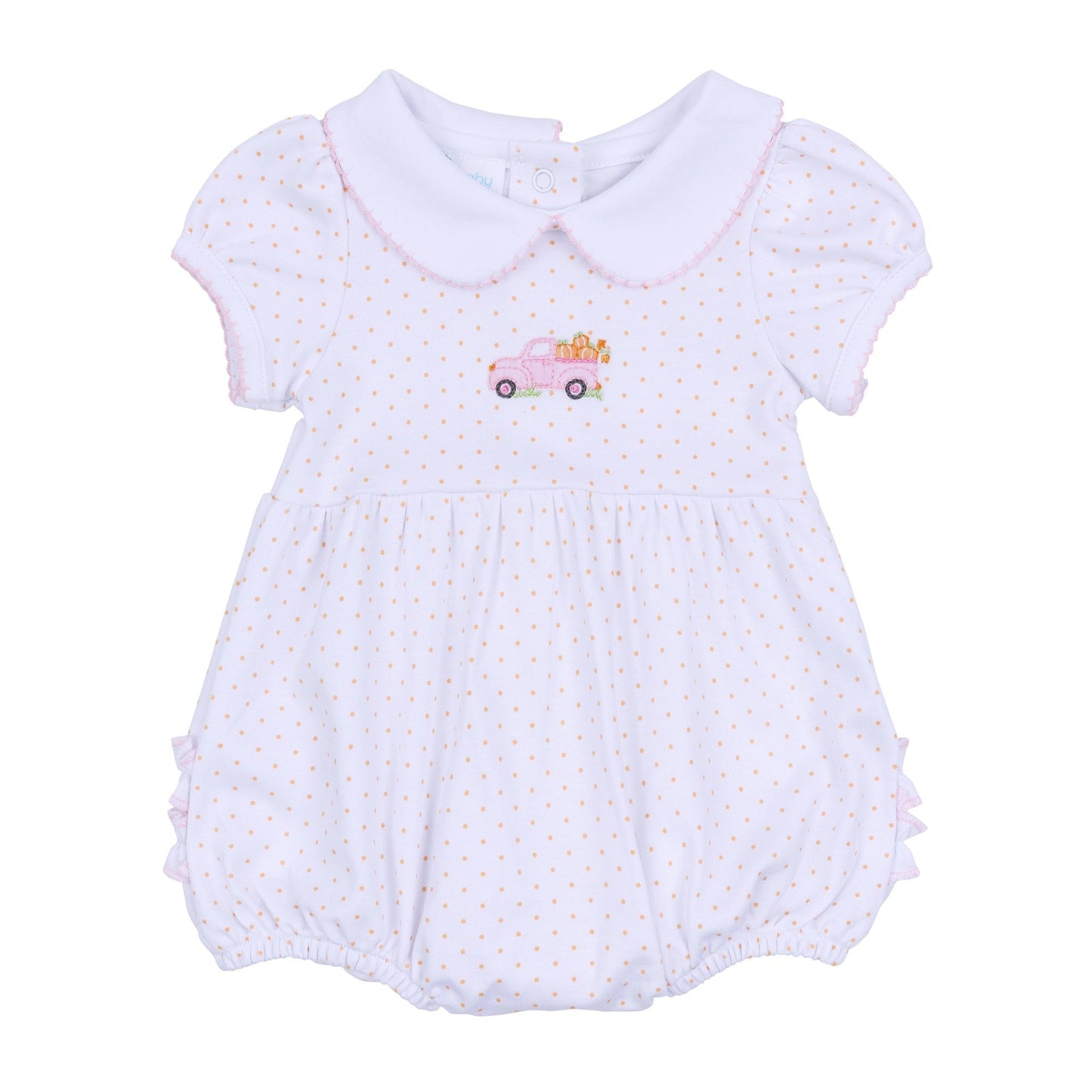 Pumpkin Patch Fun Embroidered Collared Ruffle Short Sleeve Bubble - Pink - Magnolia BabyBubble