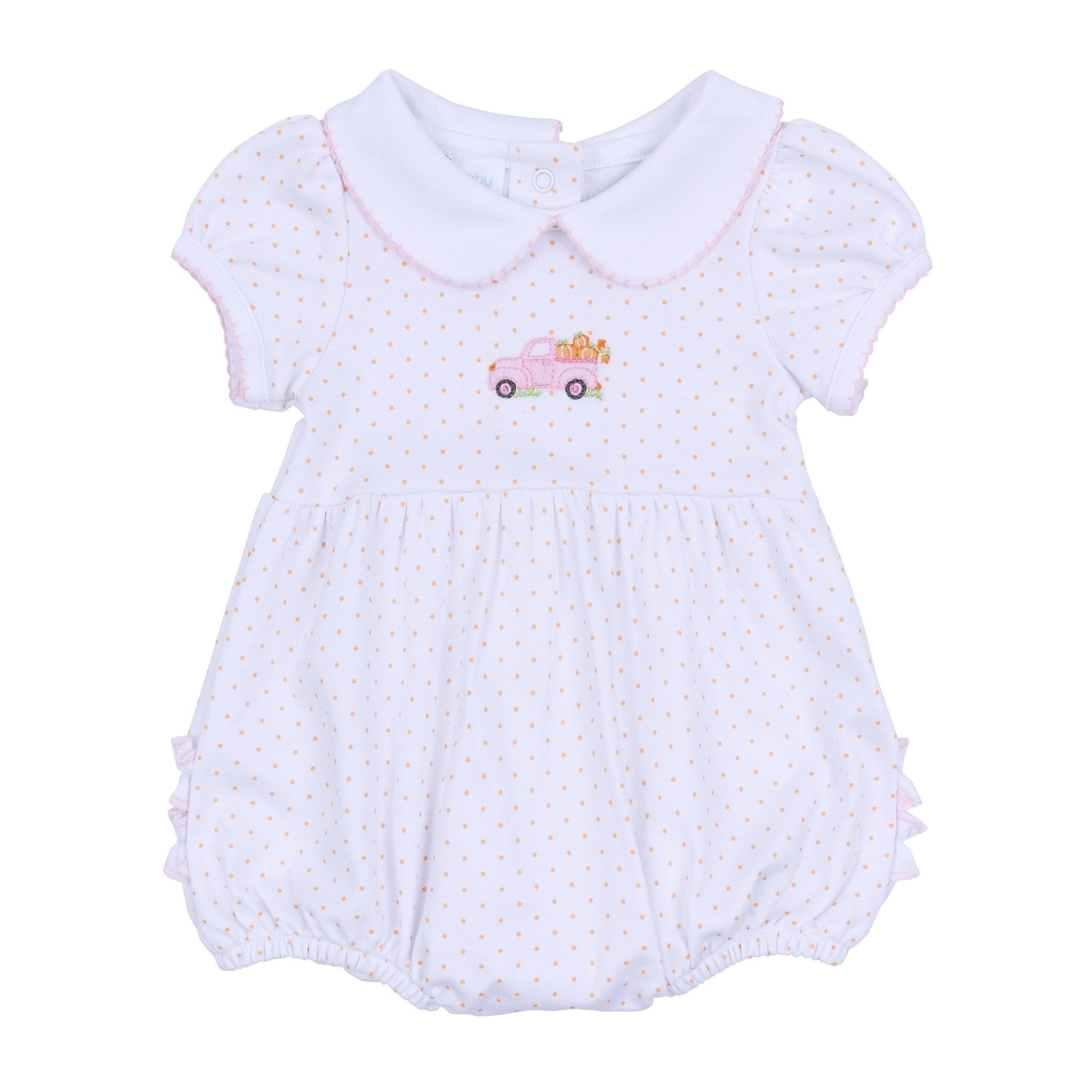 Pumpkin Patch Fun Embroidered Collared Ruffle Short Sleeve Bubble - Pink - Magnolia BabyBubble