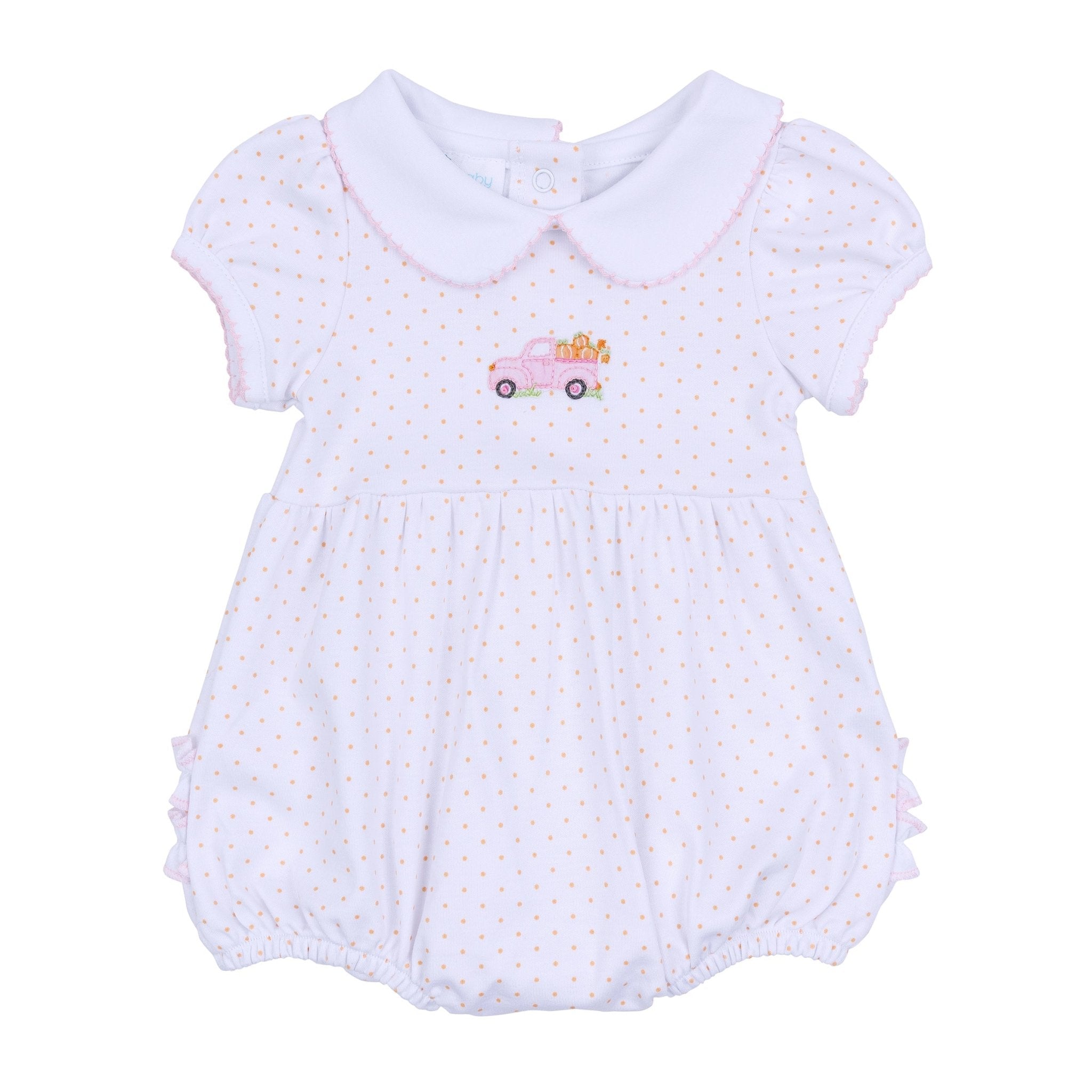 Pumpkin Patch Fun Embroidered Collared Ruffle Short Sleeve Bubble - Pink - Magnolia BabyBubble