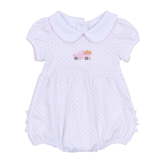 Pumpkin Patch Fun Embroidered Collared Ruffle Short Sleeve Bubble - Pink - Magnolia BabyBubble