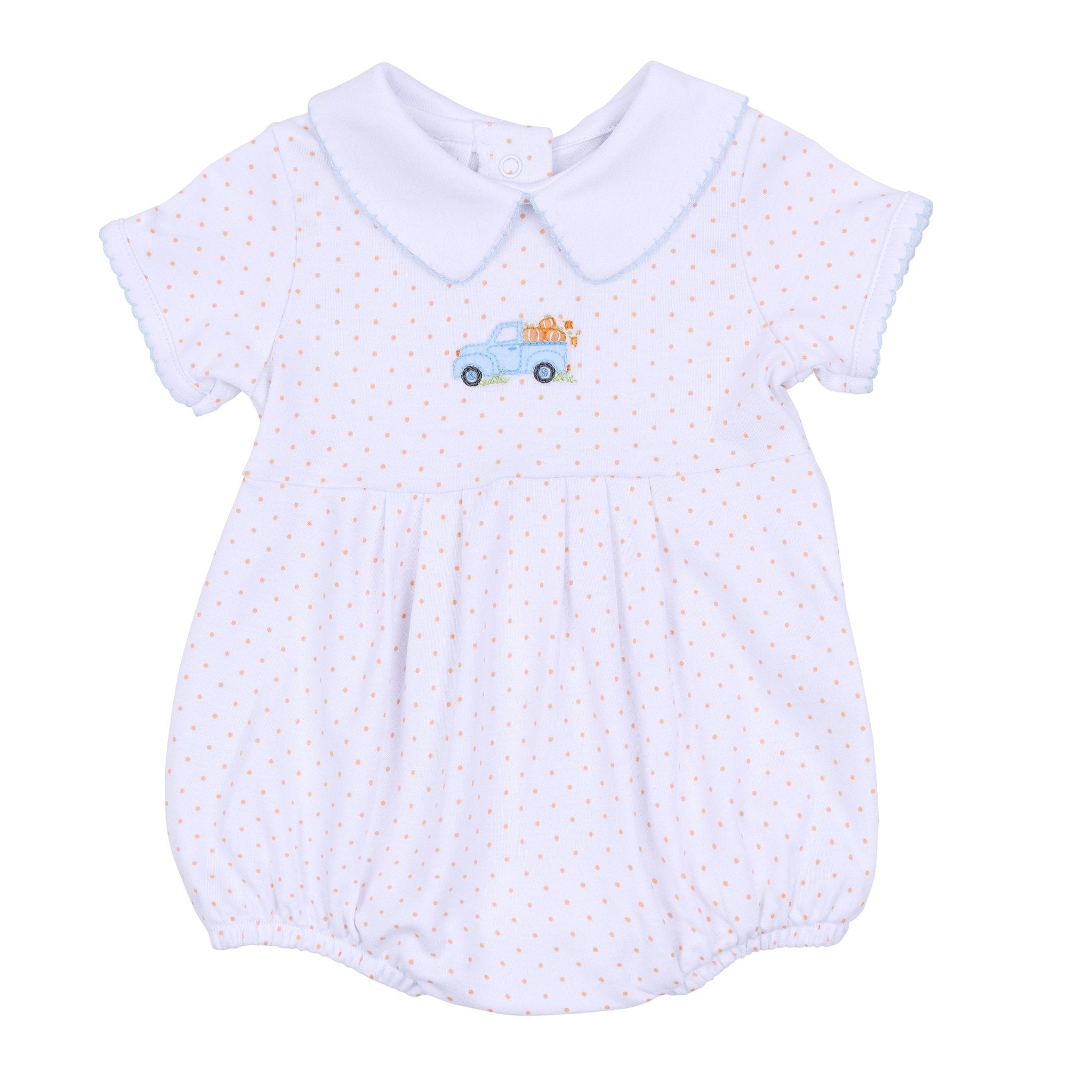 Pumpkin Patch Fun Embroidered Collared Short Sleeve Bubble - Light Blue - Magnolia BabyBubble