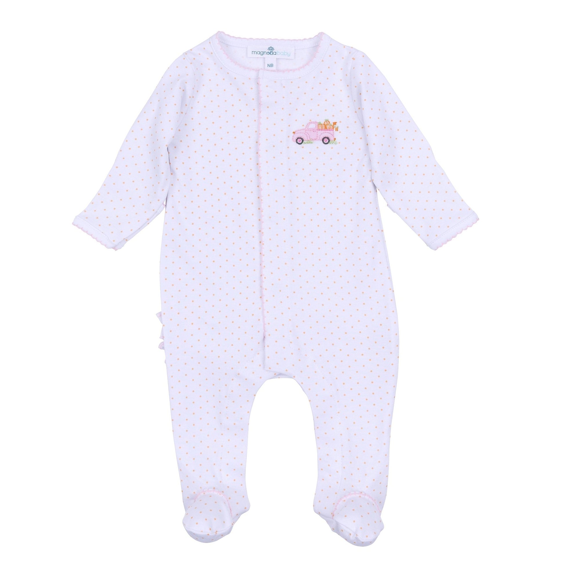 Pumpkin Patch Fun Embroidered Ruffle Footie - Pink - Magnolia BabyFootie