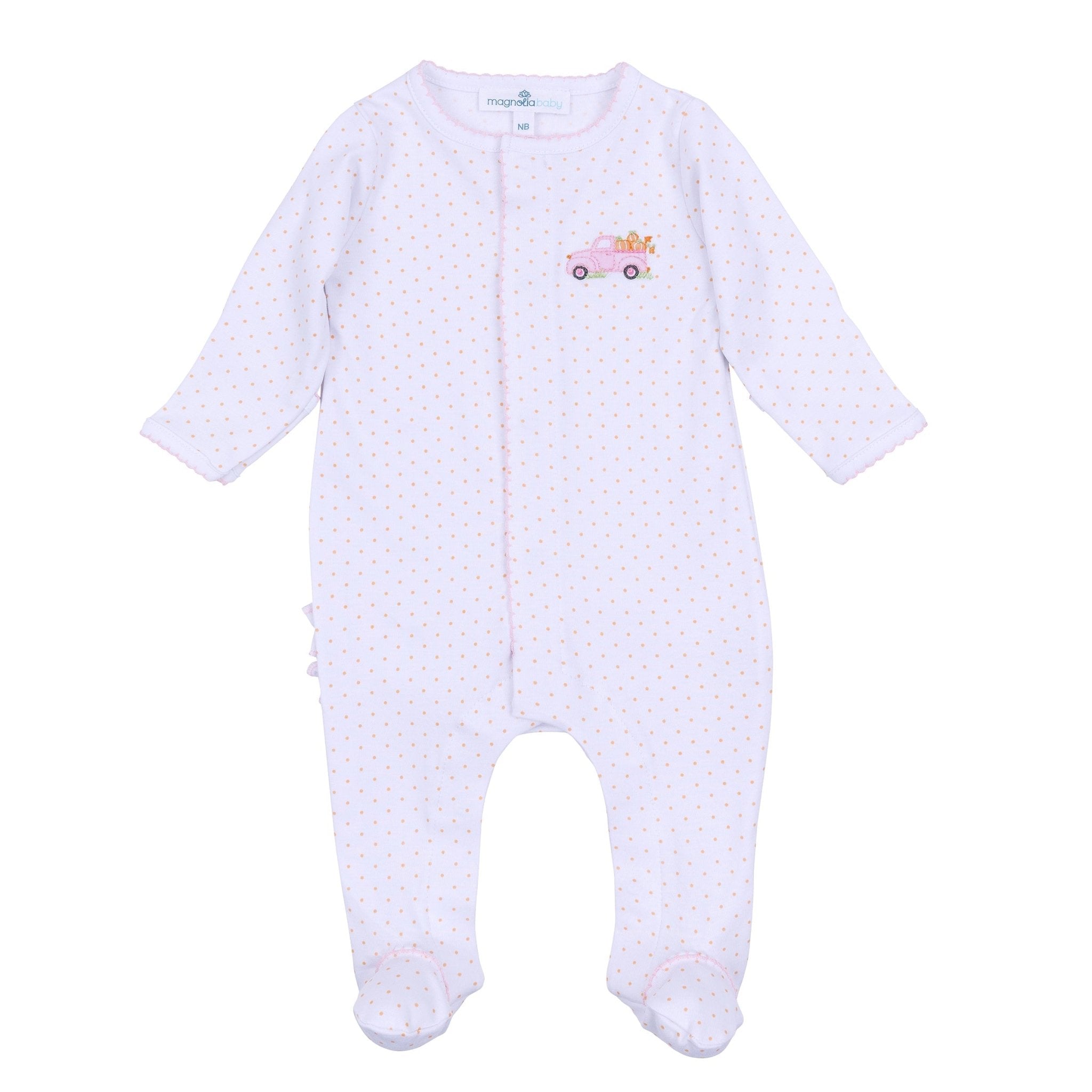 Pumpkin Patch Fun Embroidered Ruffle Footie - Pink - Magnolia BabyFootie