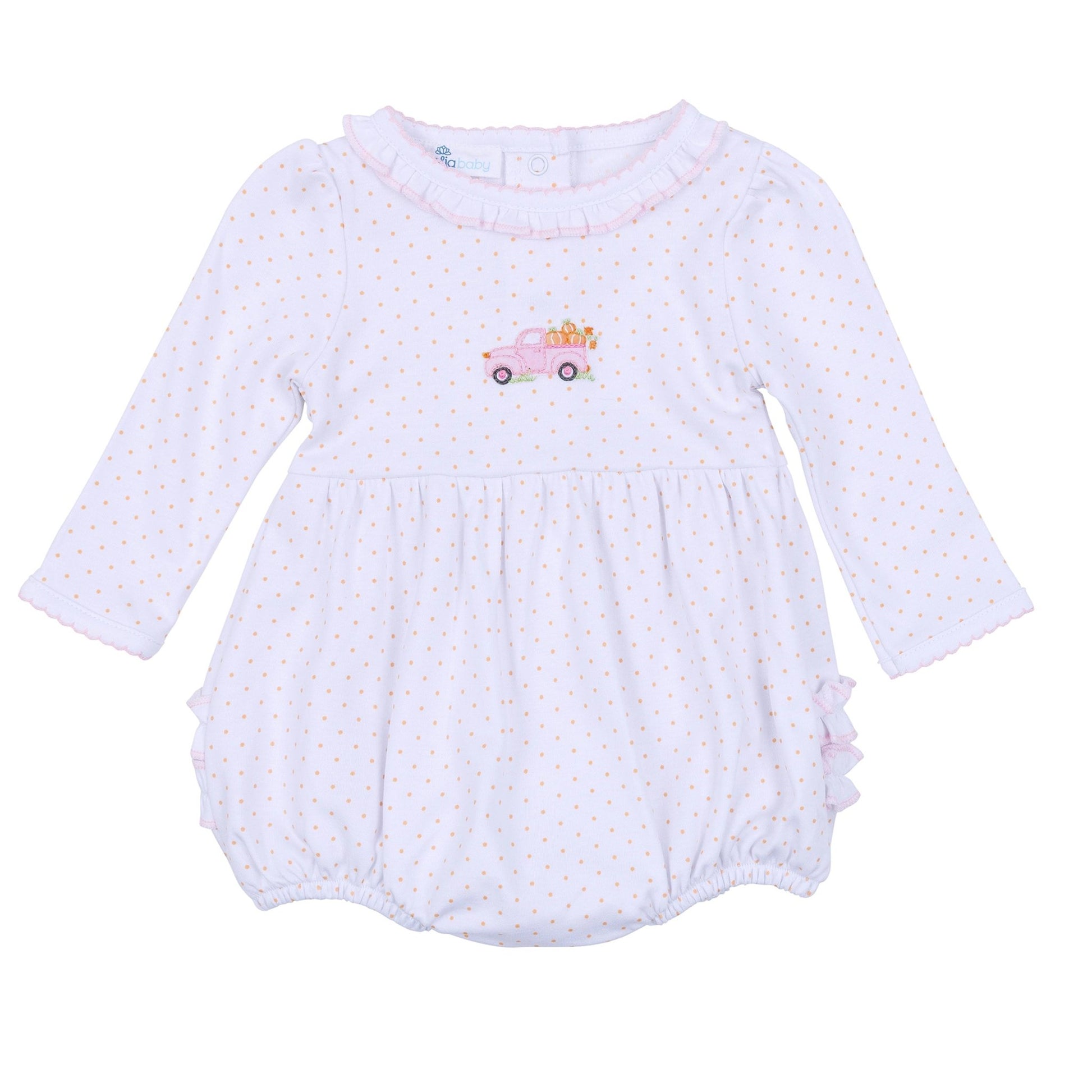 Pumpkin Patch Fun Embroidered Ruffle Long Sleeve Bubble - Pink - Magnolia BabyBubble