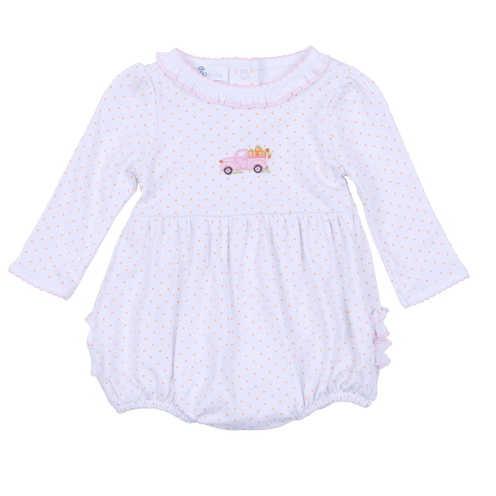 Pumpkin Patch Fun Embroidered Ruffle Long Sleeve Bubble - Pink - Magnolia BabyBubble