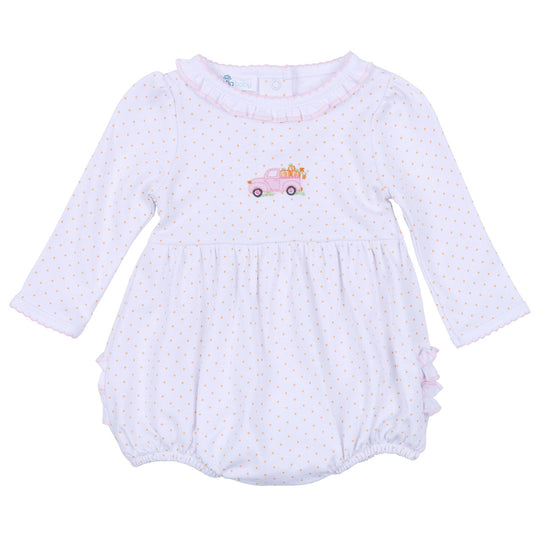 Pumpkin Patch Fun Embroidered Ruffle Long Sleeve Bubble - Pink - Magnolia BabyBubble