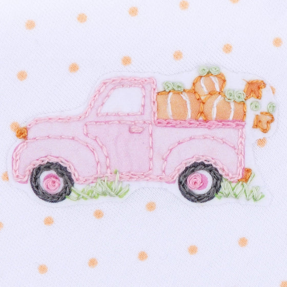 Pumpkin Patch Fun Embroidered Ruffle Short Sleeve Bubble - Pink - Magnolia BabyBubble