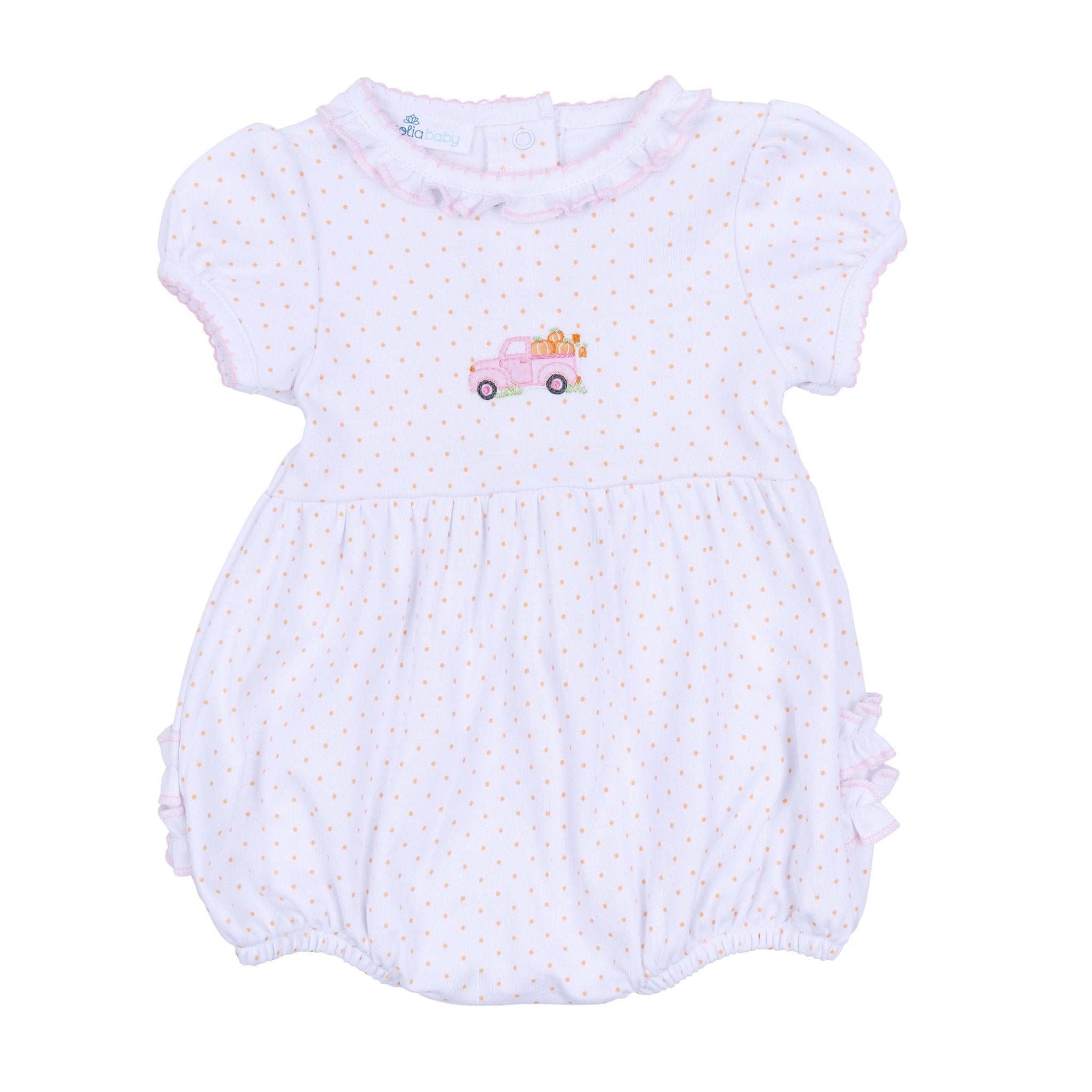 Pumpkin Patch Fun Embroidered Ruffle Short Sleeve Bubble - Pink - Magnolia BabyBubble