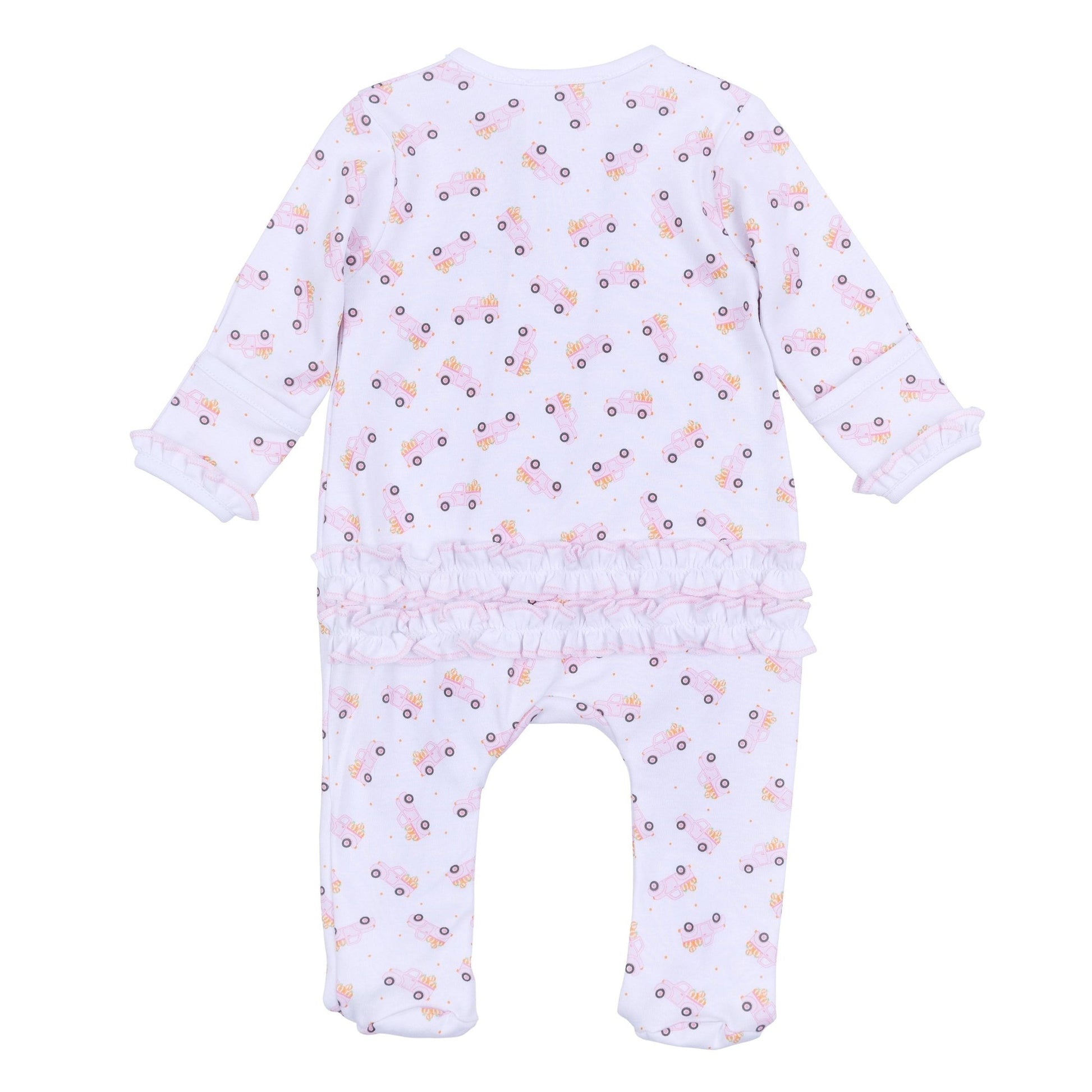 Pumpkin Patch Fun Print Ruffle Zip Footie - Pink - Magnolia BabyFootie
