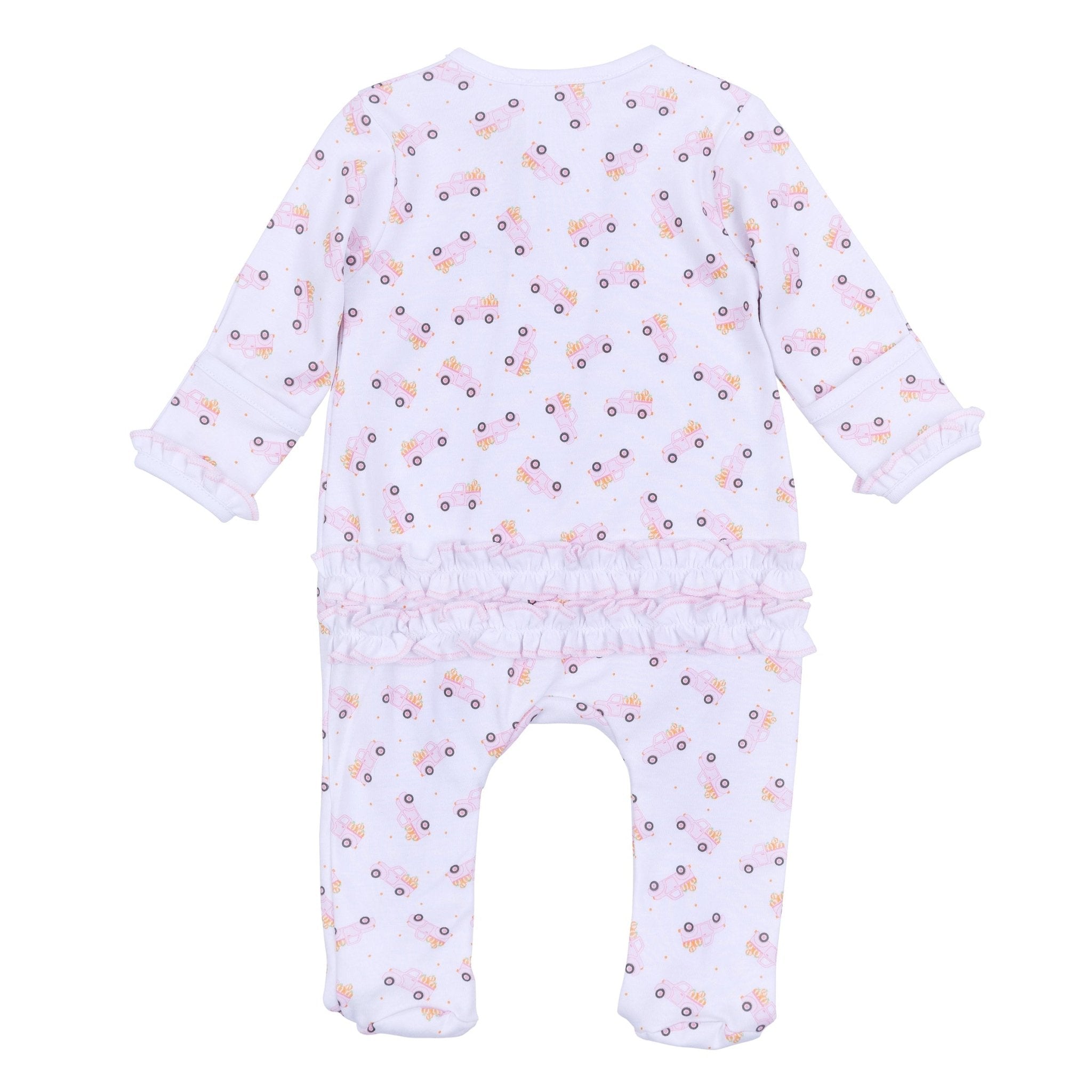Pumpkin Patch Fun Print Ruffle Zip Footie - Pink - Magnolia BabyFootie
