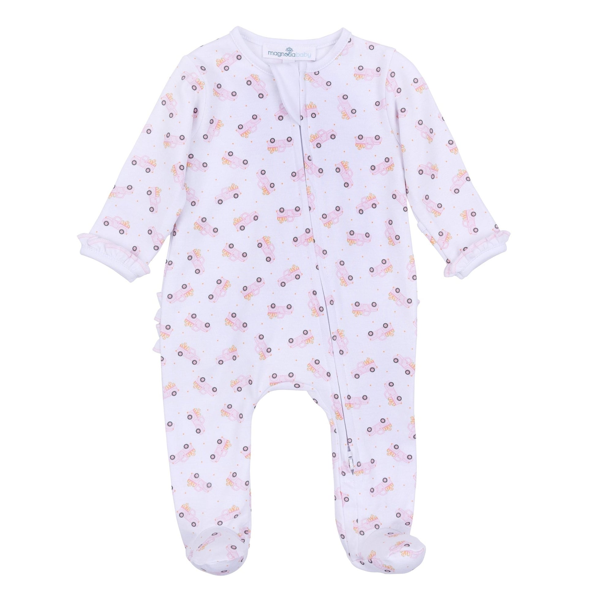 Pumpkin Patch Fun Print Ruffle Zip Footie - Pink - Magnolia BabyFootie
