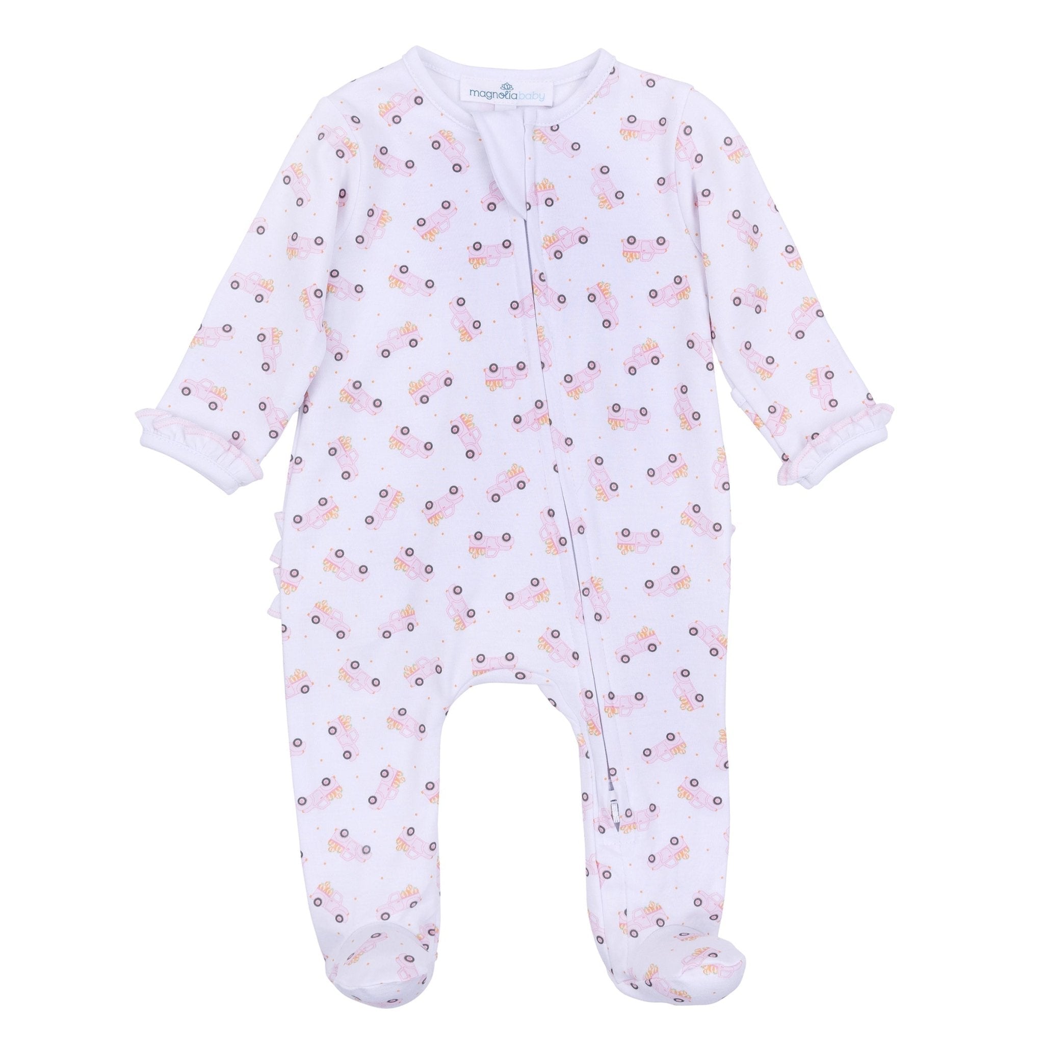 Pumpkin Patch Fun Print Ruffle Zip Footie - Pink - Magnolia BabyFootie
