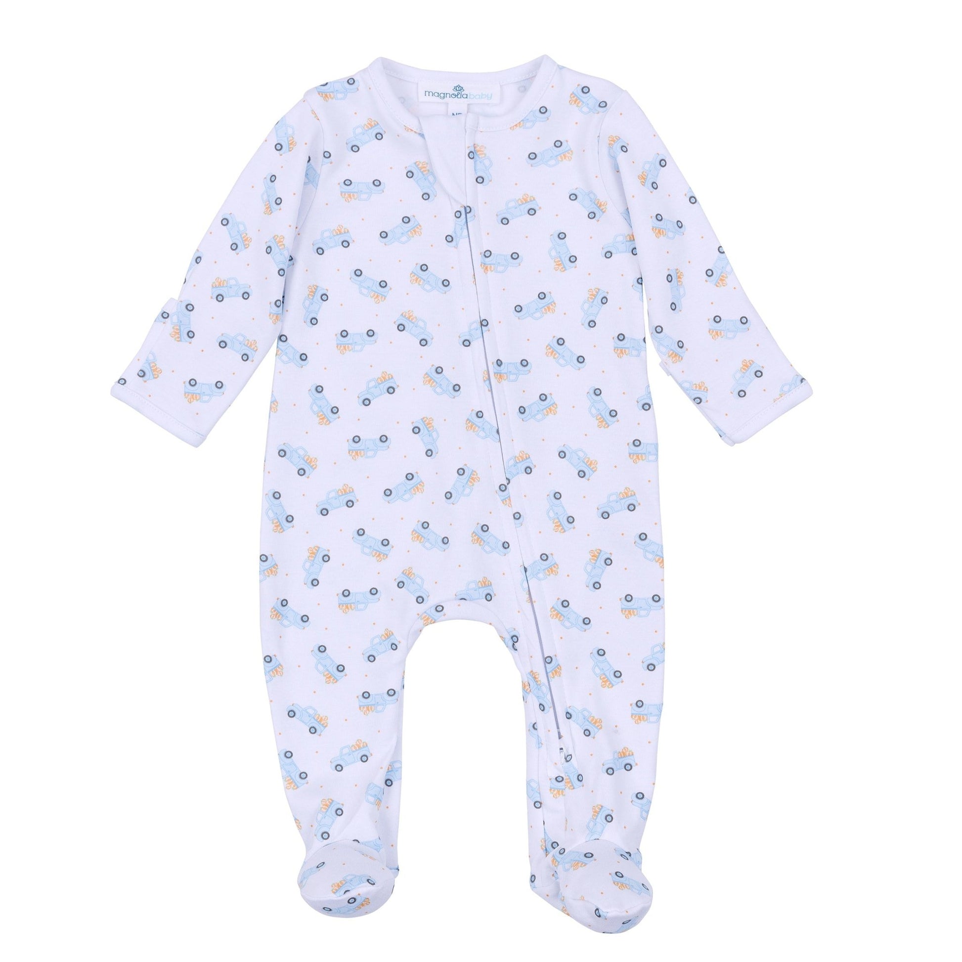 Pumpkin Patch Fun Print Zip Footie - Light Blue - Magnolia BabyFootie