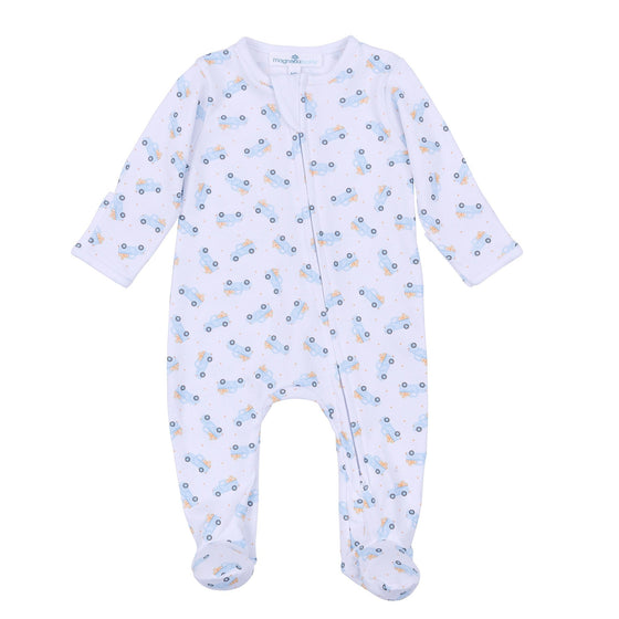 Pumpkin Patch Fun Print Zip Footie - Light Blue - Magnolia BabyFootie