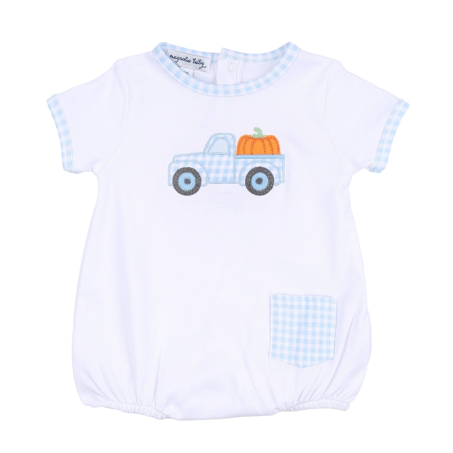 Pumpkin Picking Applique Blue Short Sleeve Boy Bubble - Magnolia BabyBubble