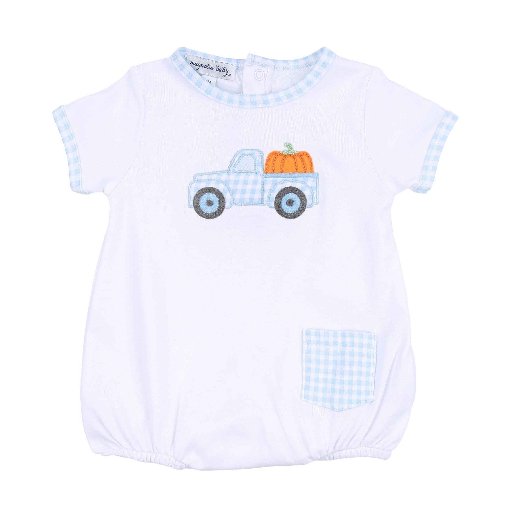 Pumpkin Picking Applique Blue Short Sleeve Boy Bubble - Magnolia BabyBubble