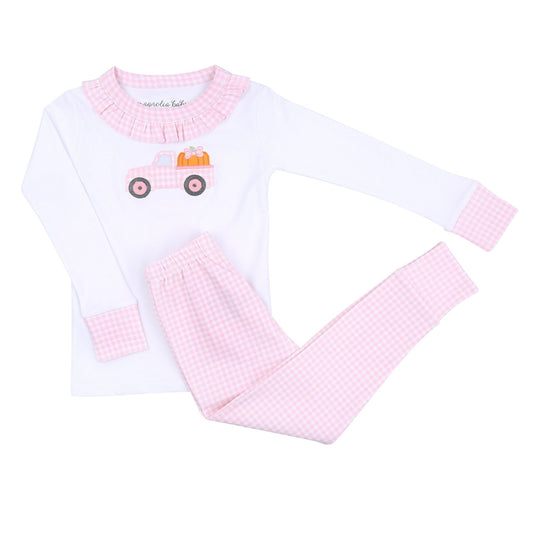 Pumpkin Picking Ruffle Big Kid Long Pajamas - Pink - Magnolia BabyLong Pajamas