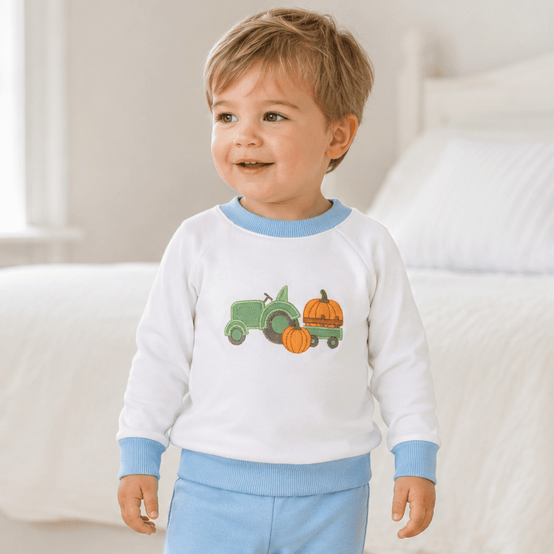 Magnolia Baby_Pumpkin Tractor Applique Pullover Sweatshirt - Light Blue_1