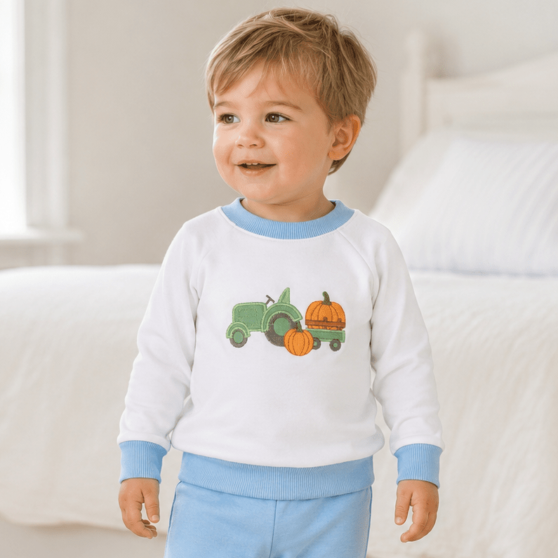 Pumpkin Tractor Applique Pullover Sweatshirt - Light Blue