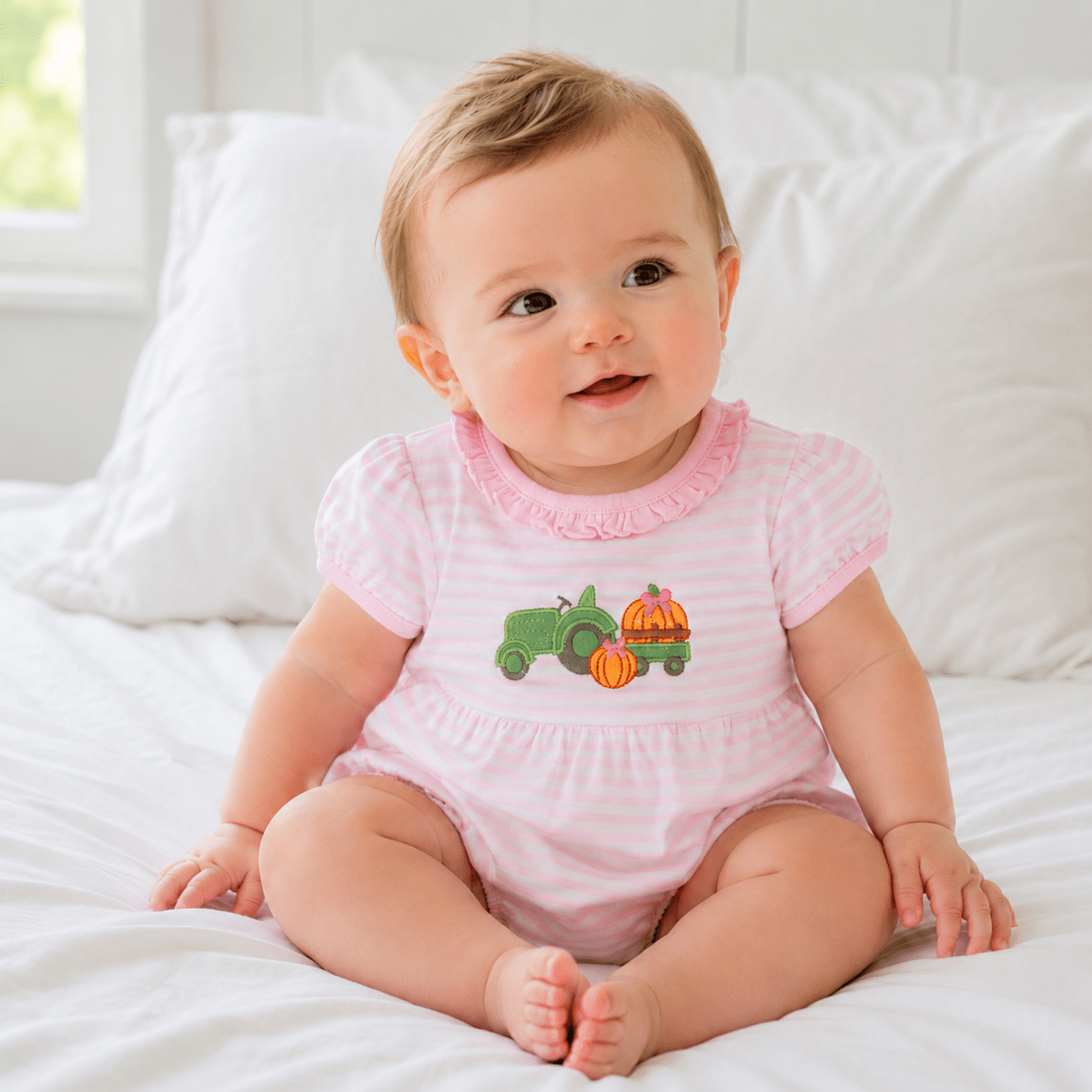 Magnolia Baby_Pumpkin Tractor Applique Ruffle Bubble - Pink_1