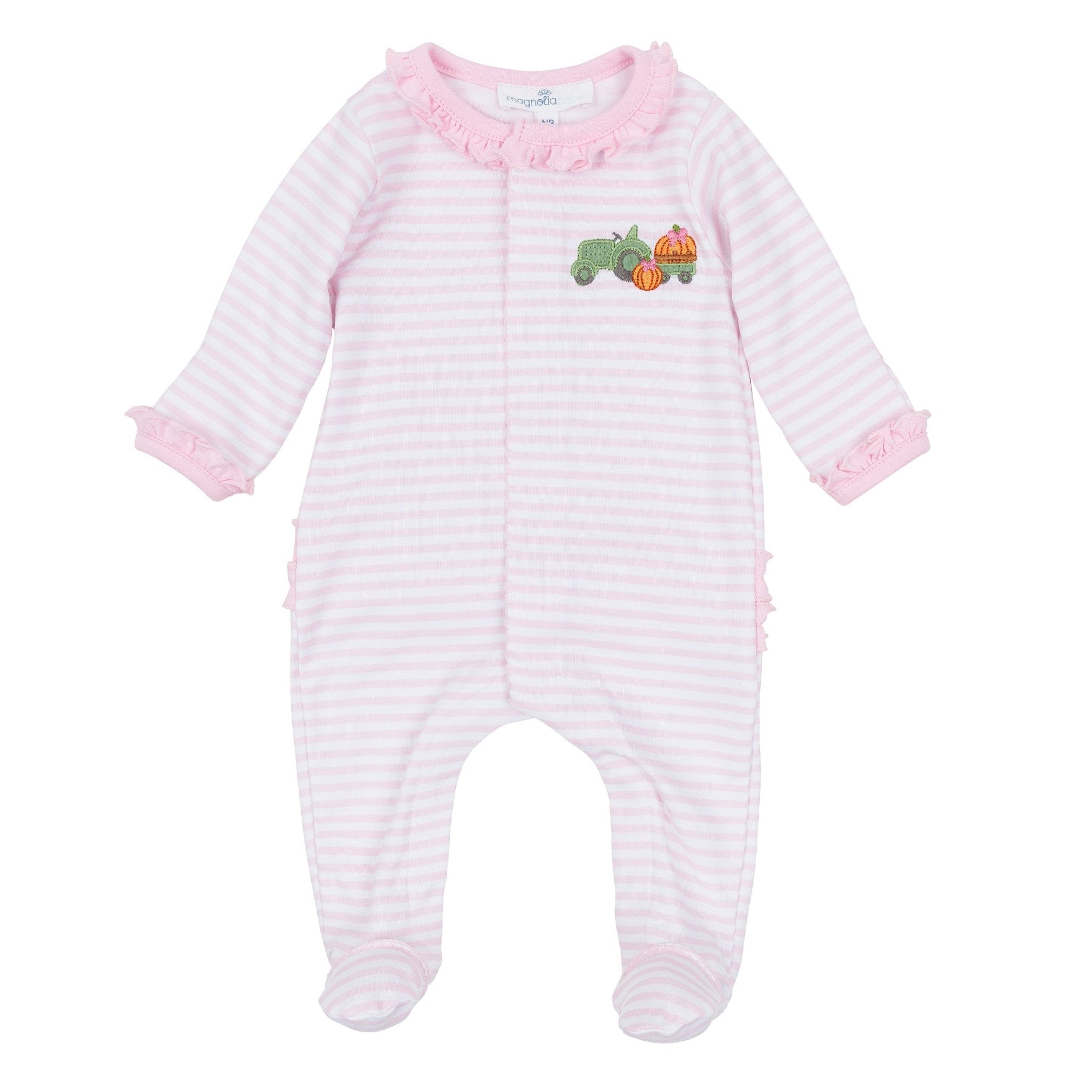 Magnolia Baby_Pumpkin Tractor Applique Ruffle Footie - Pink_1