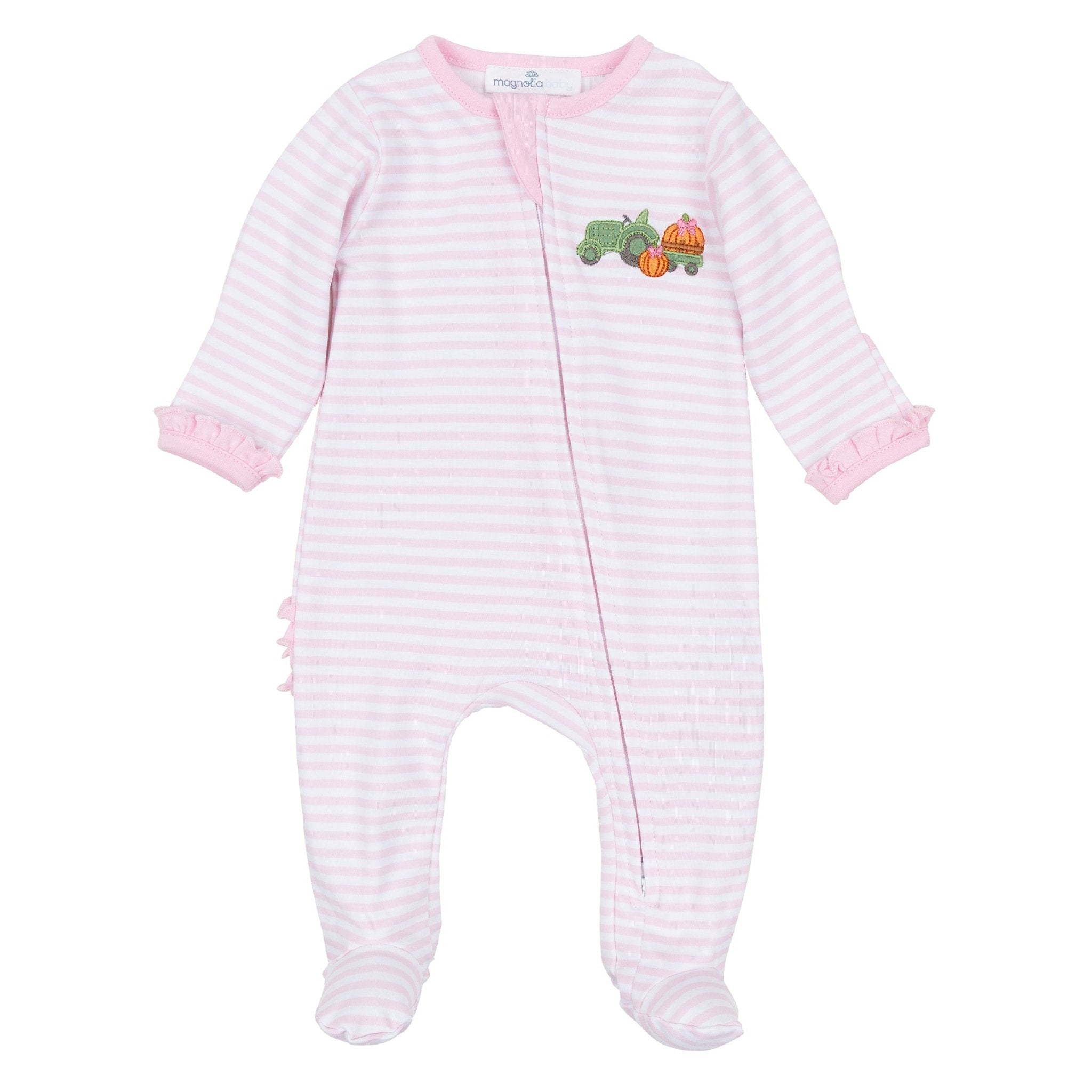 Pumpkin Tractor Applique Ruffle Zip Footie - Pink – Magnolia Baby